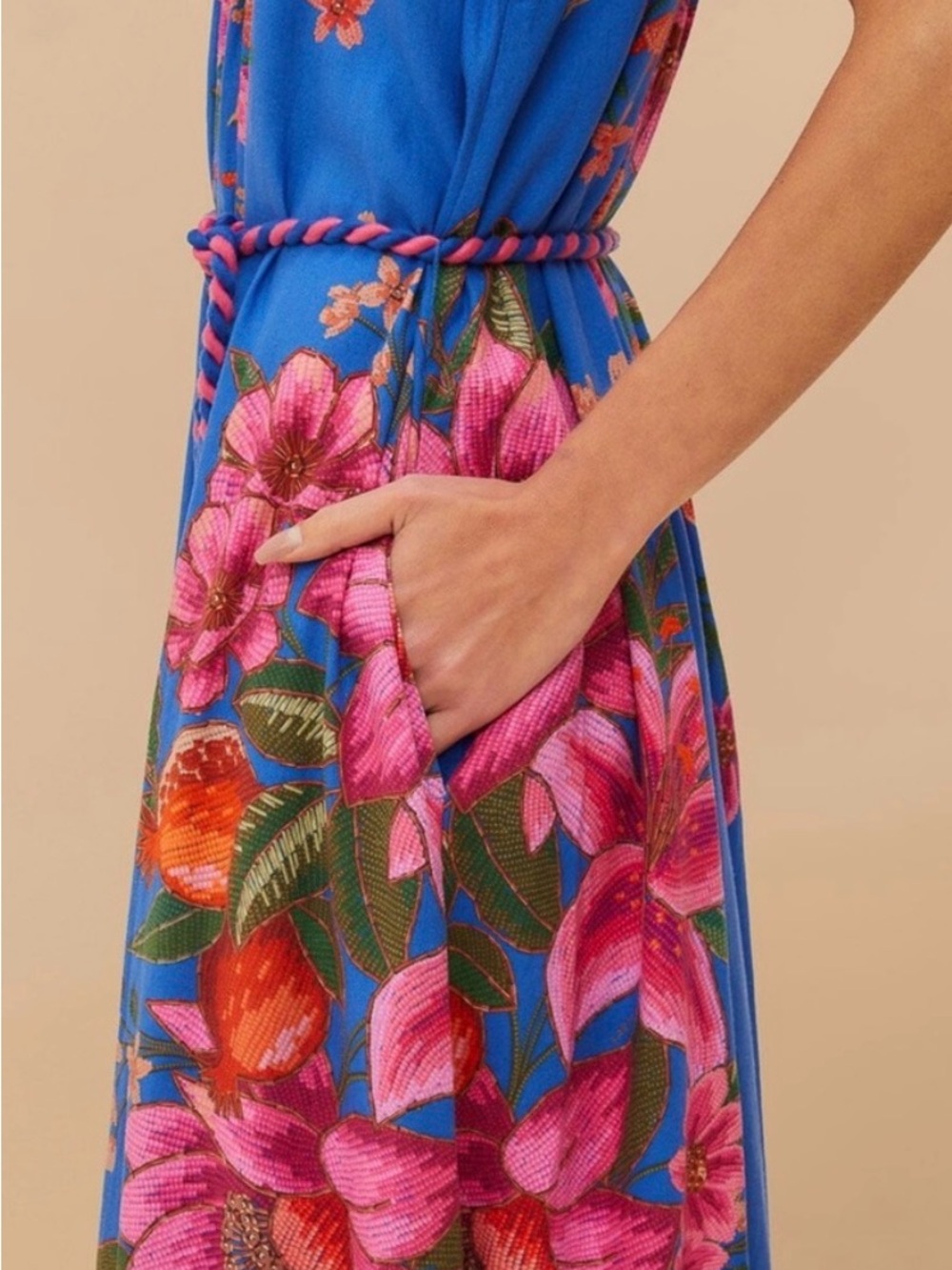 FARM Rio Blue Floral Braided Rope Tie LENZING™ ECOVERO Euroflax Maxi Dress XL - Picture 2 of 5
